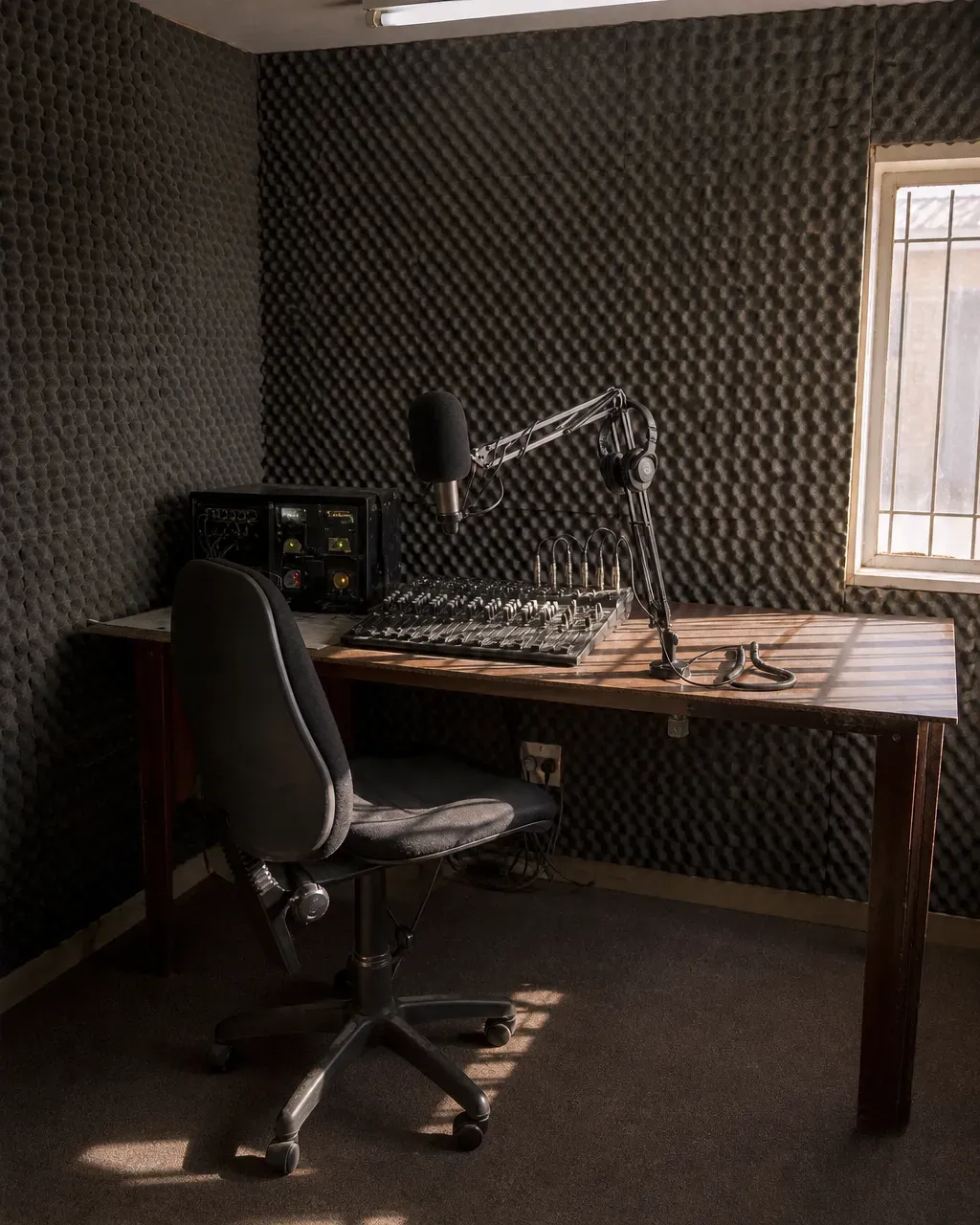 On-air studio with microphone, headphones and mixing desk ready