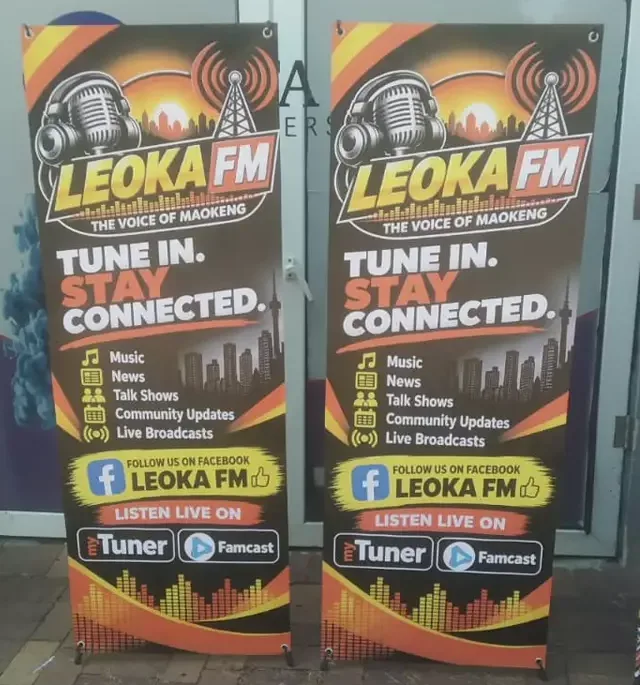 Two LEOKA FM pull-up banners: Tune in. Stay connected.