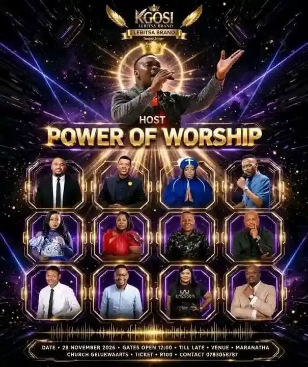 Power of Worship poster: Kgosi Lebitsa Brand, Gospel Singer, host. 28 November 2026, Maranatha Church Gelukwaarts