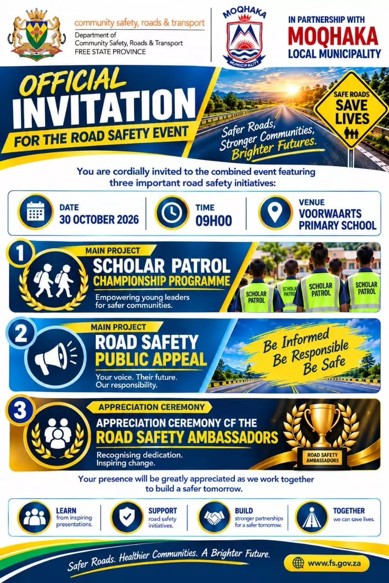 Official invitation to the Road Safety Event: 30 October 2026, 09H00, Voorwaarts Primary School